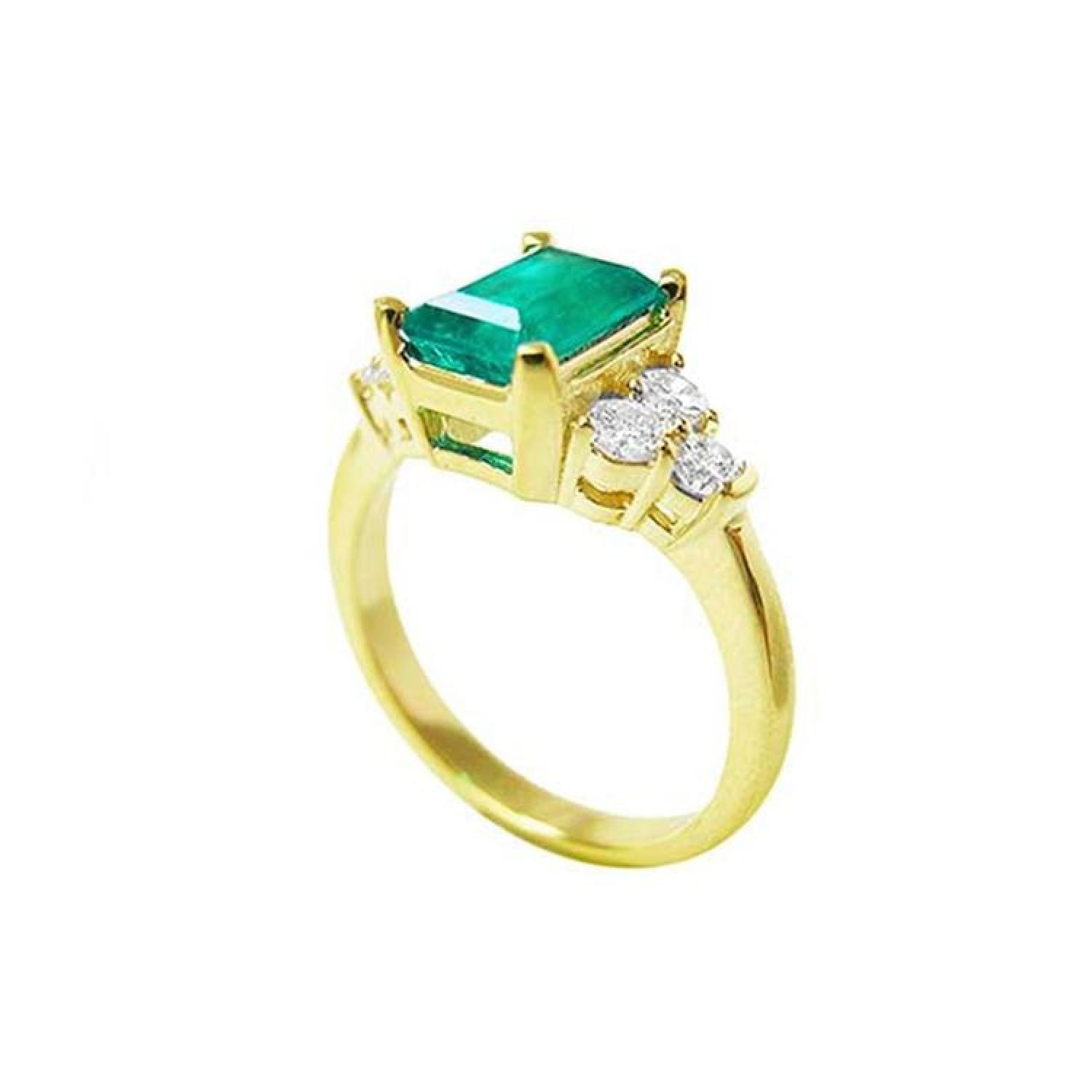 14K yellow gold ring with a rectangular emerald-cut deep bluish-green emerald and three accent diamonds on each side.