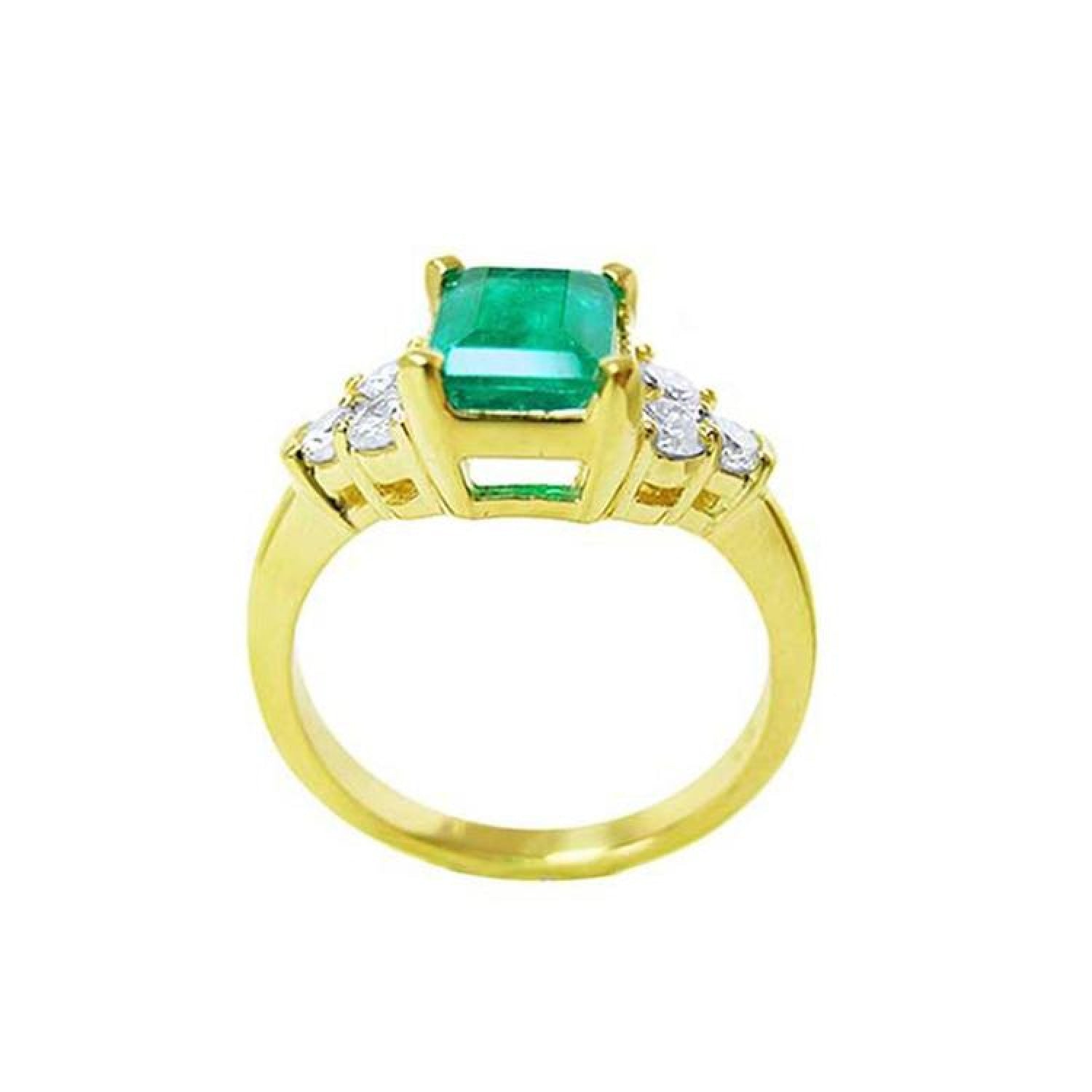 14K yellow gold ring with a rectangular emerald-cut deep bluish-green emerald and six accent diamonds.