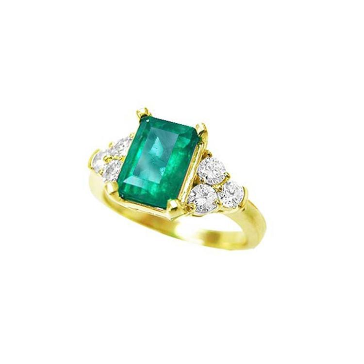 14K yellow gold ring with a rectangular emerald-cut deep bluish-green emerald and three accent diamonds on each side.