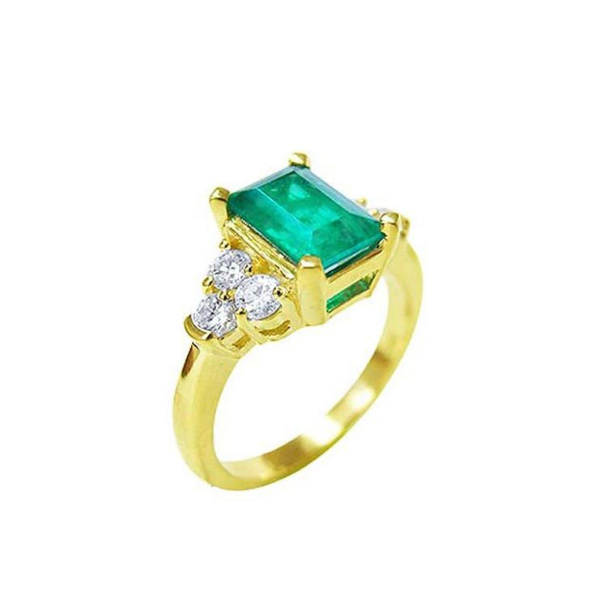 14K yellow gold ring with a rectangular emerald and three accent diamonds on each side.