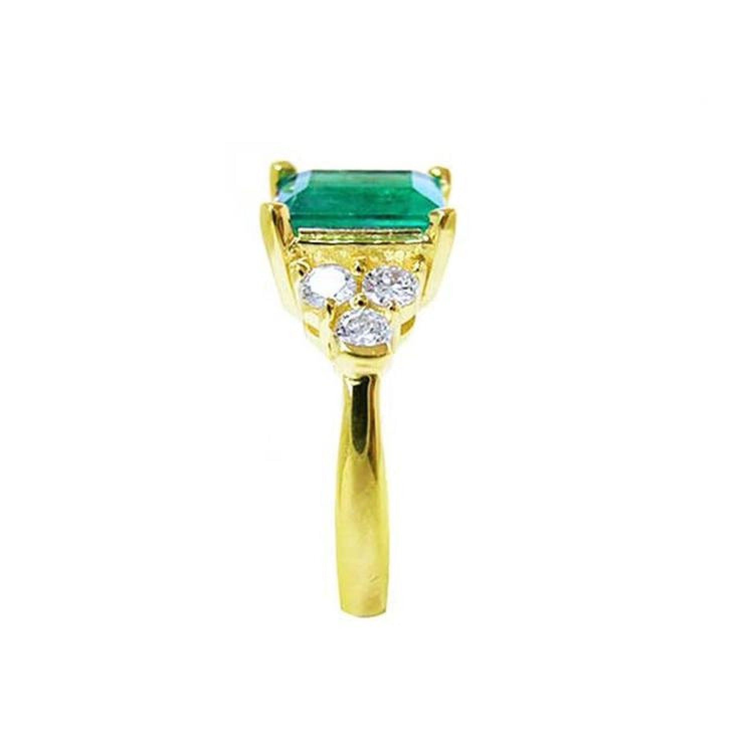 14K yellow gold ring with a rectangular emerald and three accent diamonds on each side.