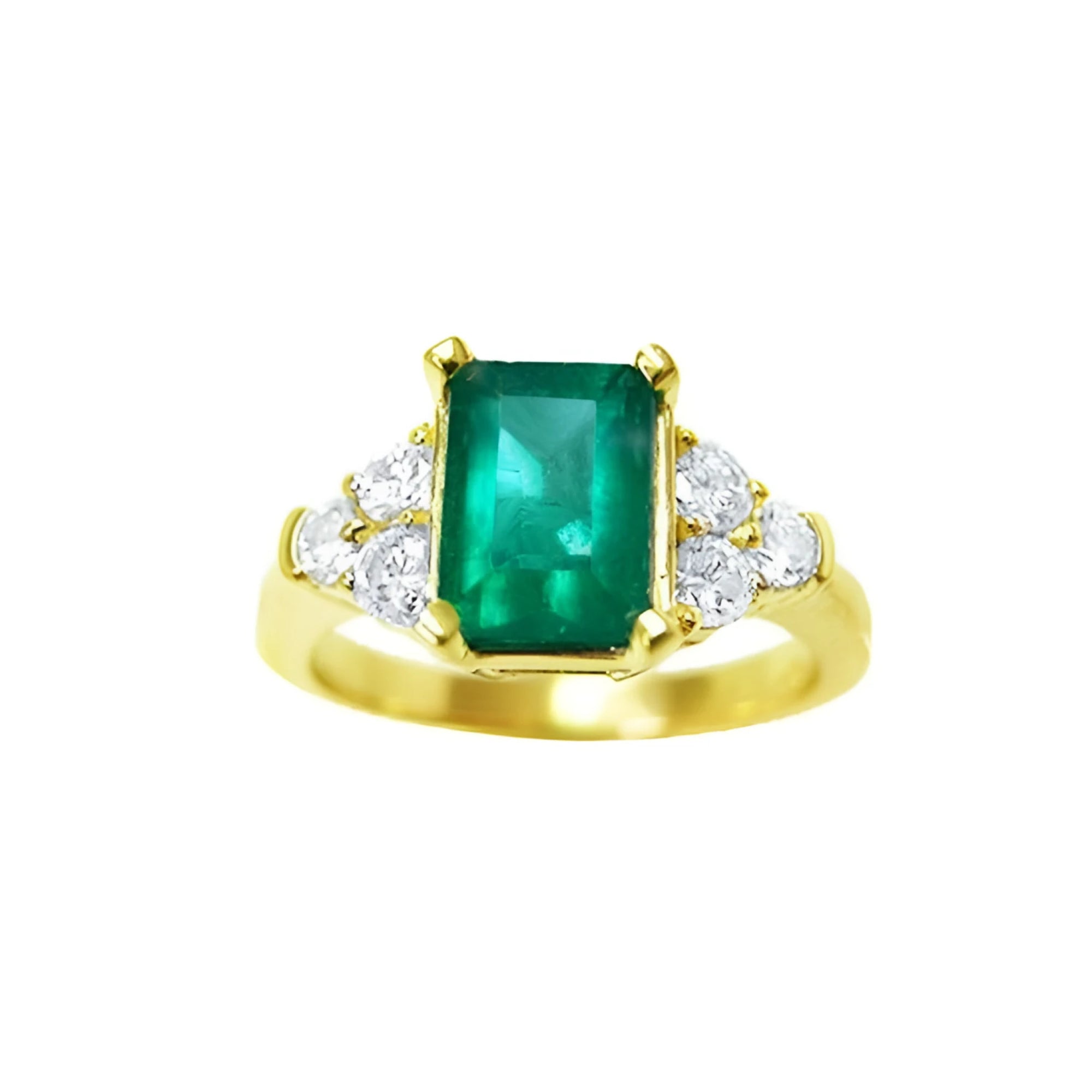 A women's emerald ring with accent side diamonds crafted in 14k yellow gold.