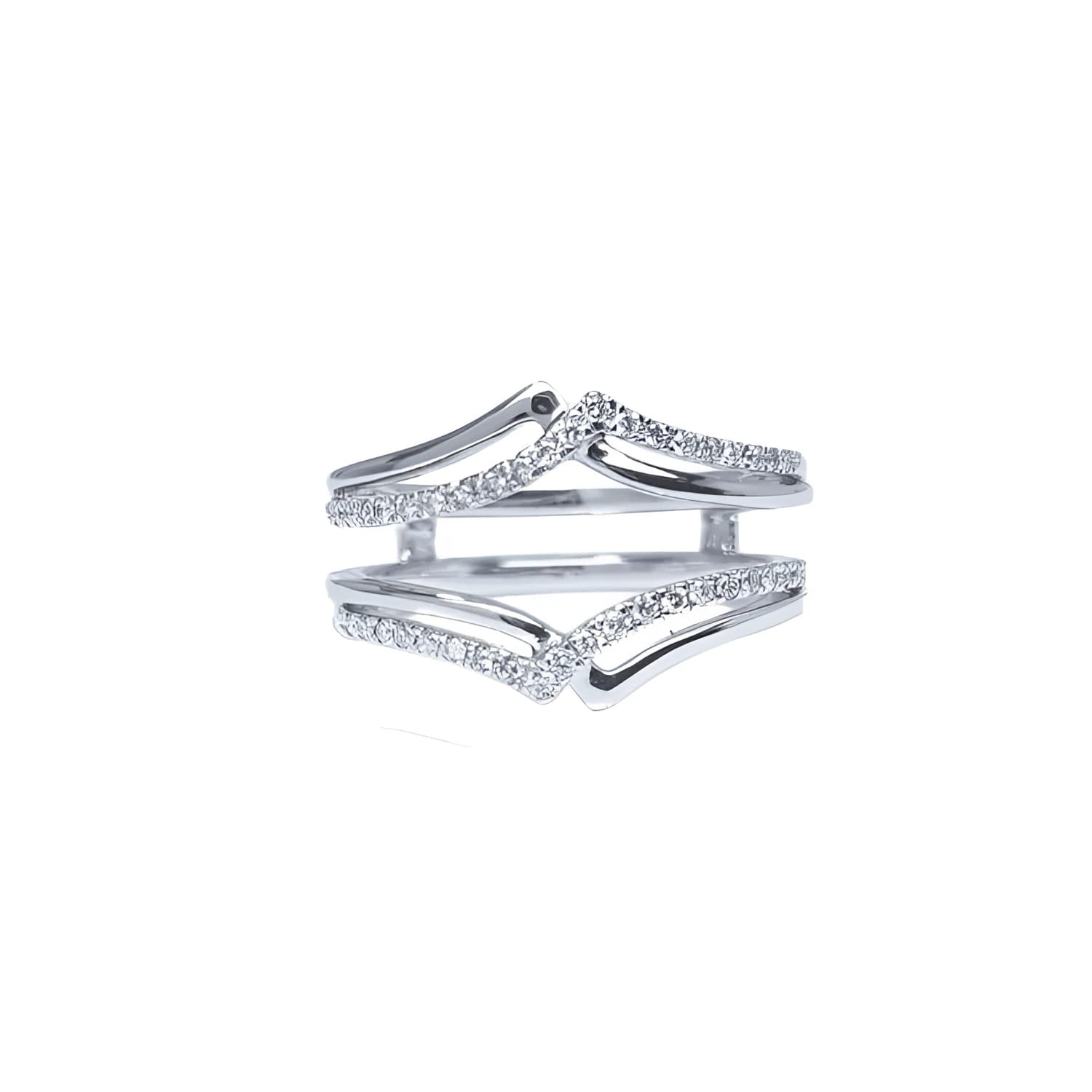 14K white gold diamond ring guard enhancer with double rows of natural diamonds.