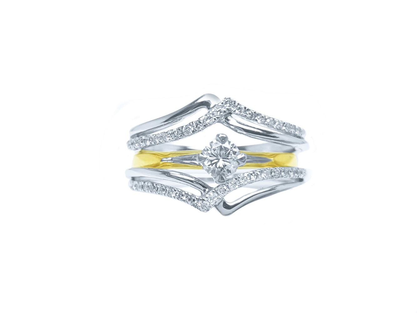 Two intertwined rings, a diamond ring guard enhancer wrapper 14k white gold