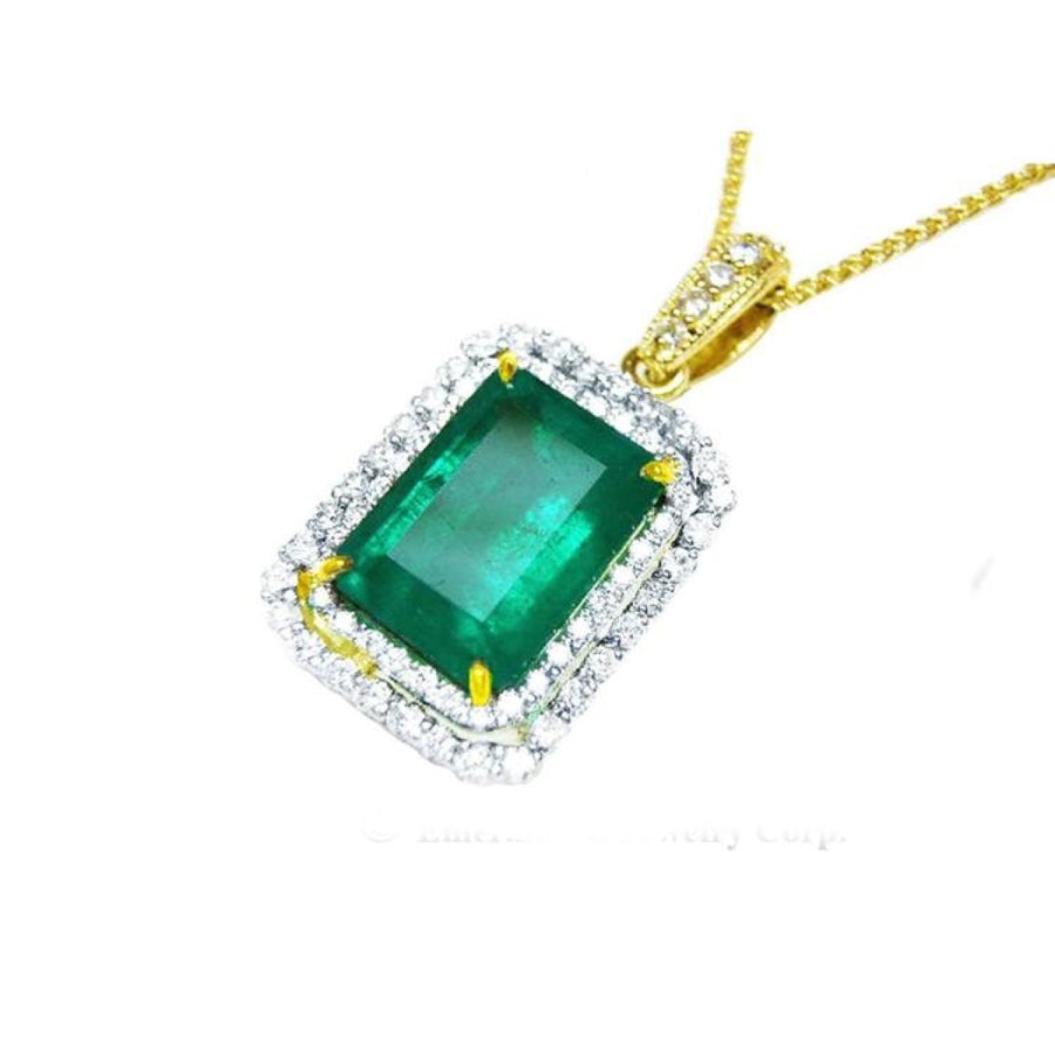 18K yellow gold emerald pendant with a rectangular emerald-cut stone and double halo natural diamonds.