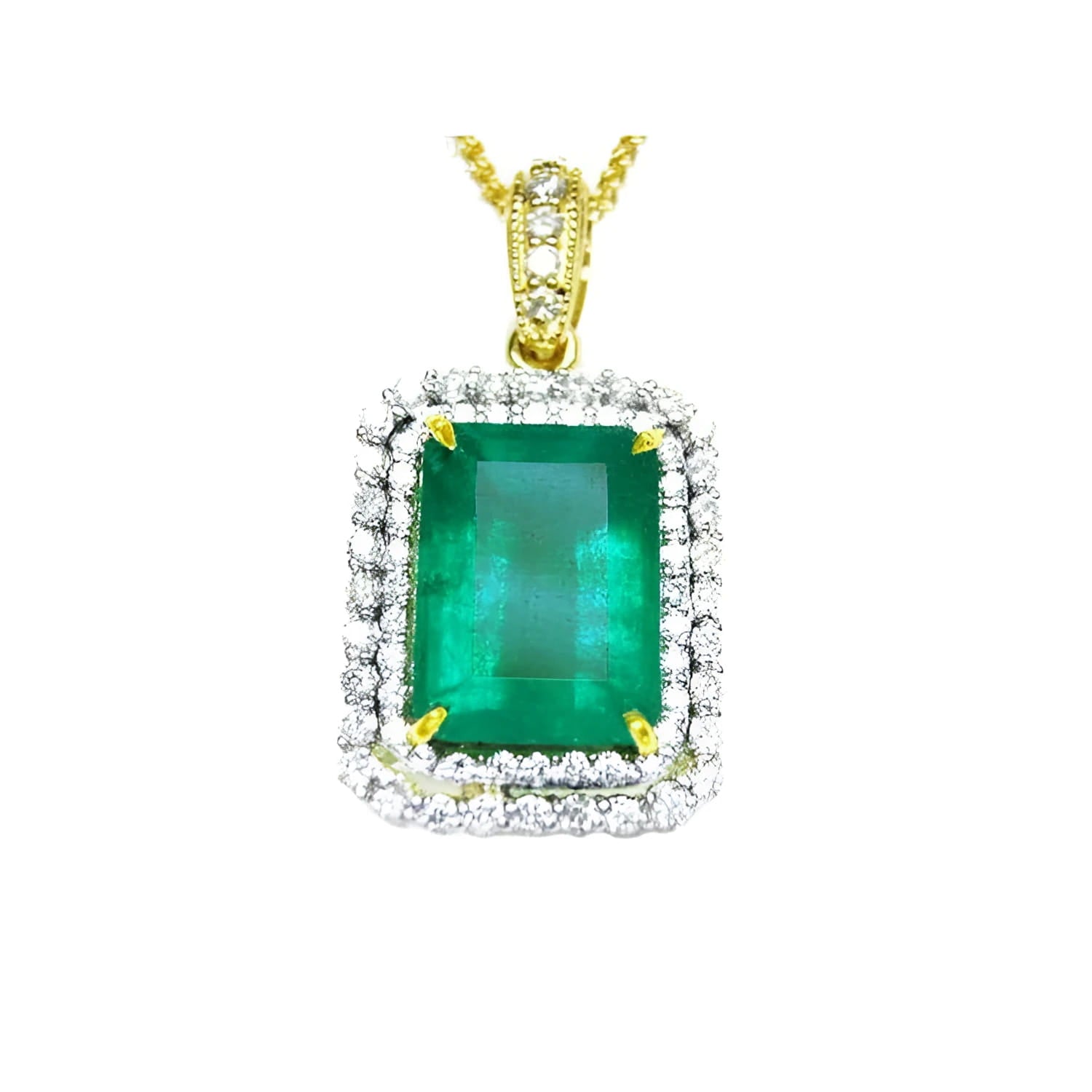18K yellow gold emerald pendant with a rectangular emerald-cut stone and double halo natural diamonds.
