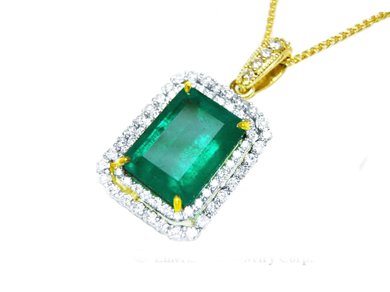 Emerald pendant with a double halo diamond with gold chain on a white background