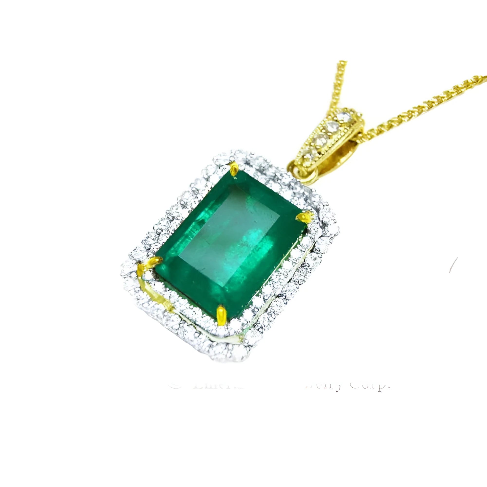 18K yellow gold emerald pendant with a rectangular emerald-cut stone and double halo natural diamonds.