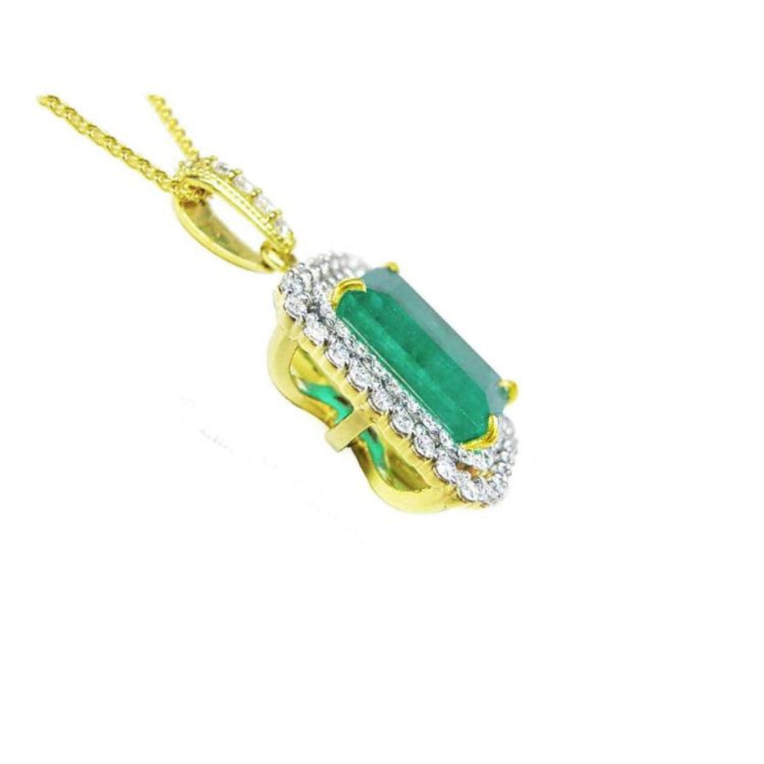 18K yellow gold emerald pendant with a rectangular emerald-cut stone and double halo natural diamonds.