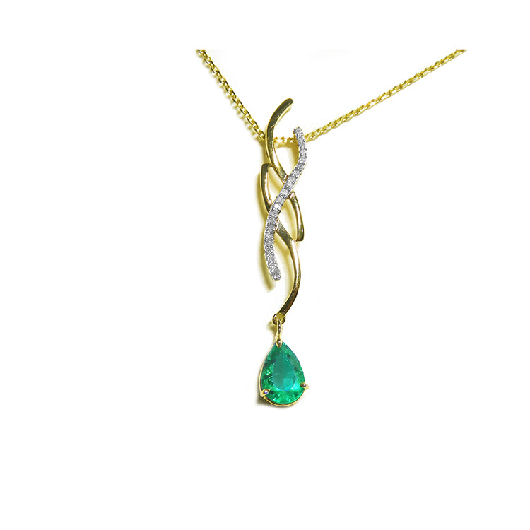 natural emerald necklace a 1.00 carat dangling pear cut emerald 14k yellow gold intertwined diamond design, slider without bail style