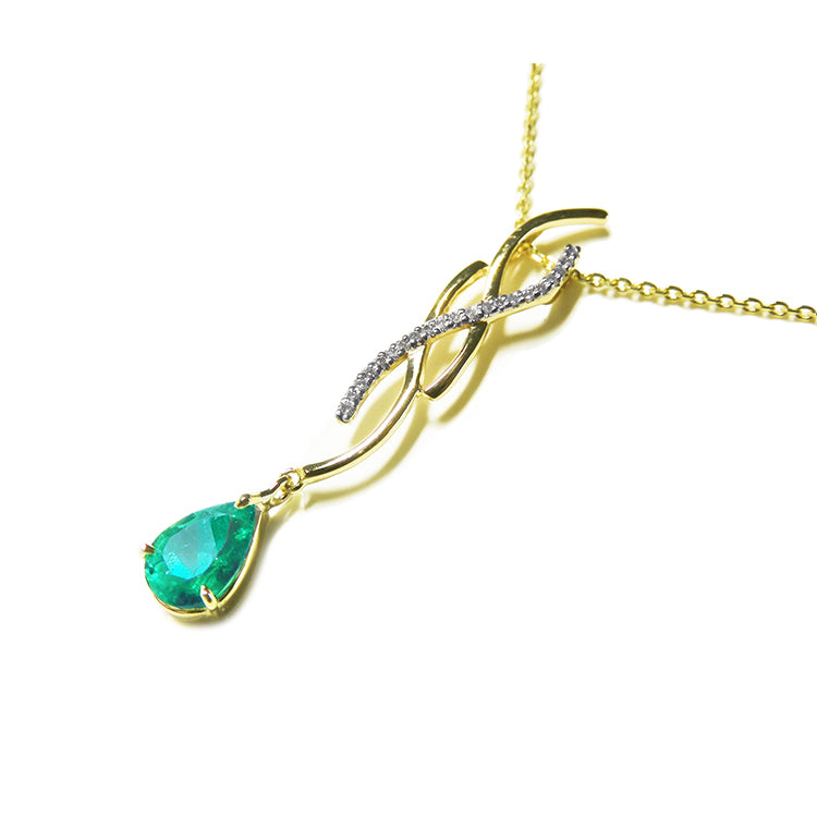 Women's emerald necklace pear cut a 1.00 carat 14k yellow gold intertwined diamond design, slider without bail style