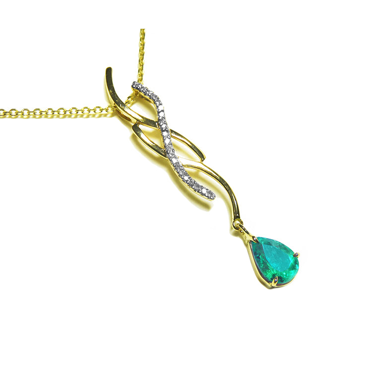Emerald necklace a 1.00 carat dangling pear cut emerald 14k yellow gold intertwined diamond design, slider without bail style