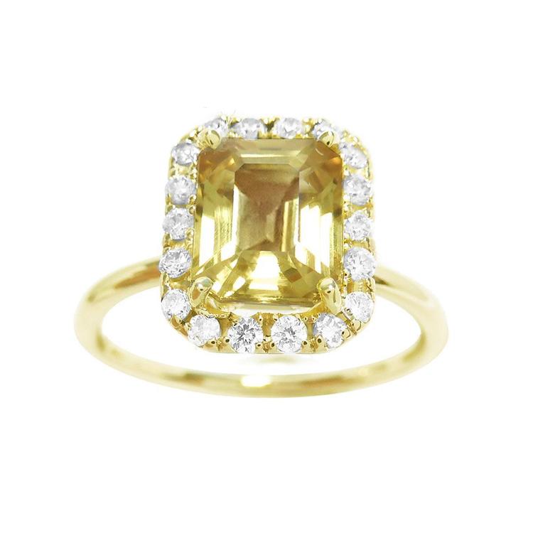 Natural yellow sapphire ring for women halo diamond 14k gold, front side plain top view