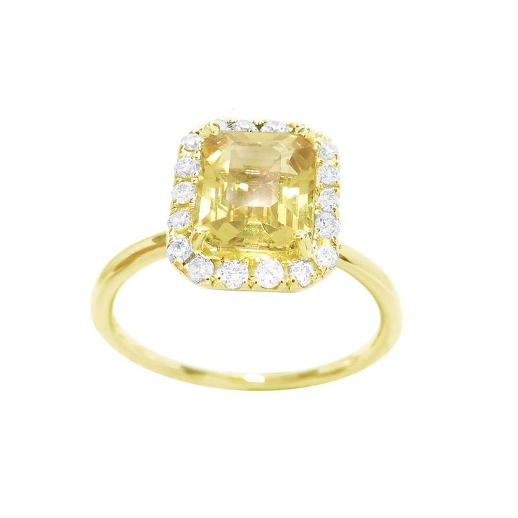 Natural yellow sapphire ring for women halo diamond 14k gold, half tall top view