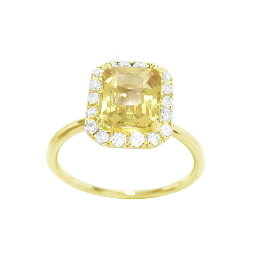 14K yellow gold ring with emerald-cut natural yellow sapphire and diamond halo.