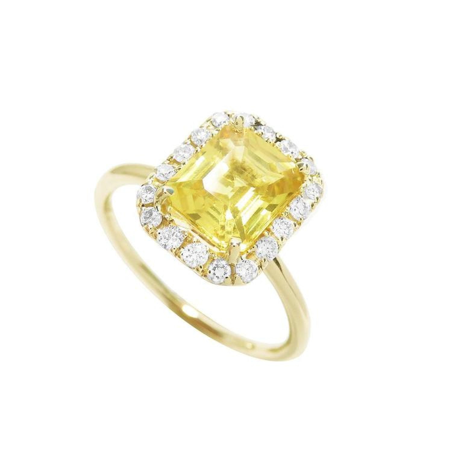 14K yellow gold ring with emerald-cut natural yellow sapphire and diamond halo.