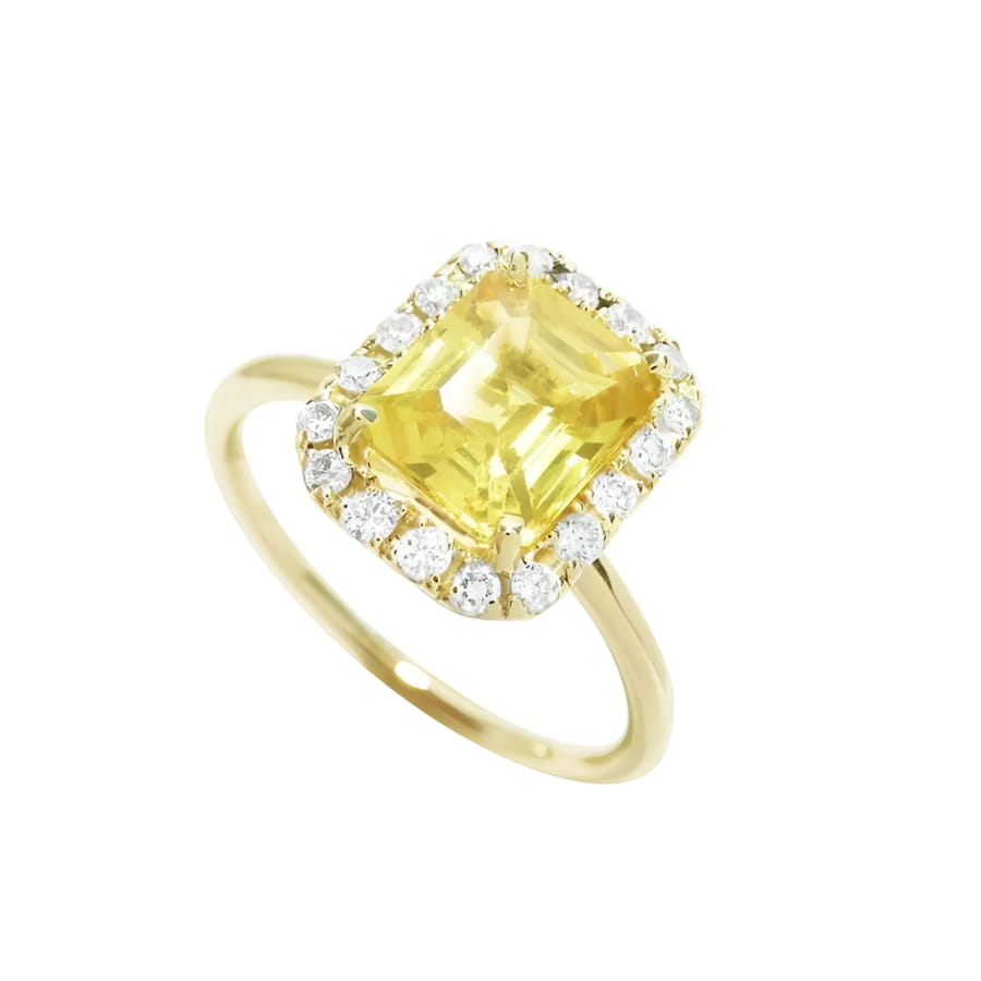 14K yellow gold ring with emerald-cut natural yellow sapphire and diamond halo.