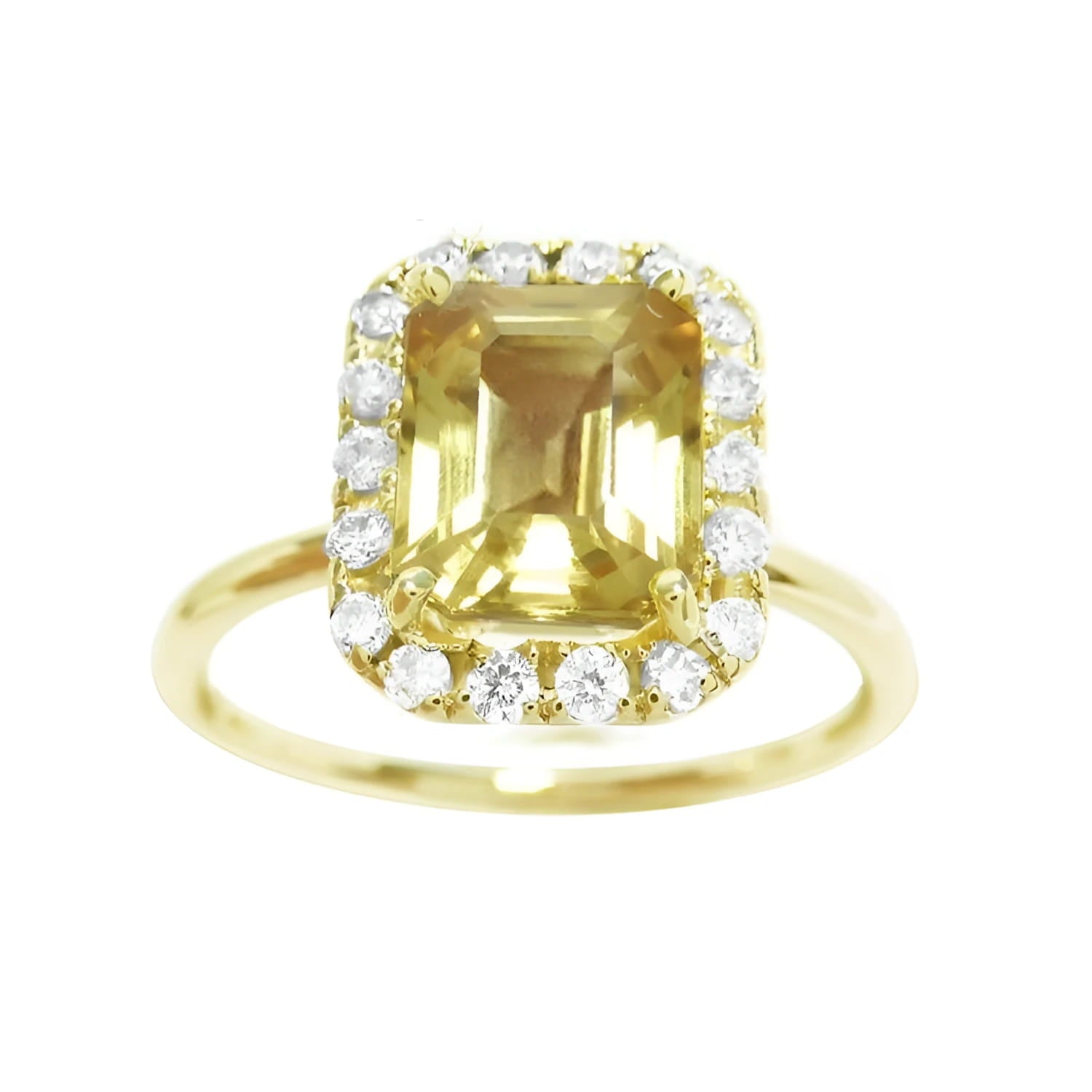 A natural yellow sapphire ring for women, featuring a vibrant canary yellow hue, set in a halo of diamonds on 14k gold.  