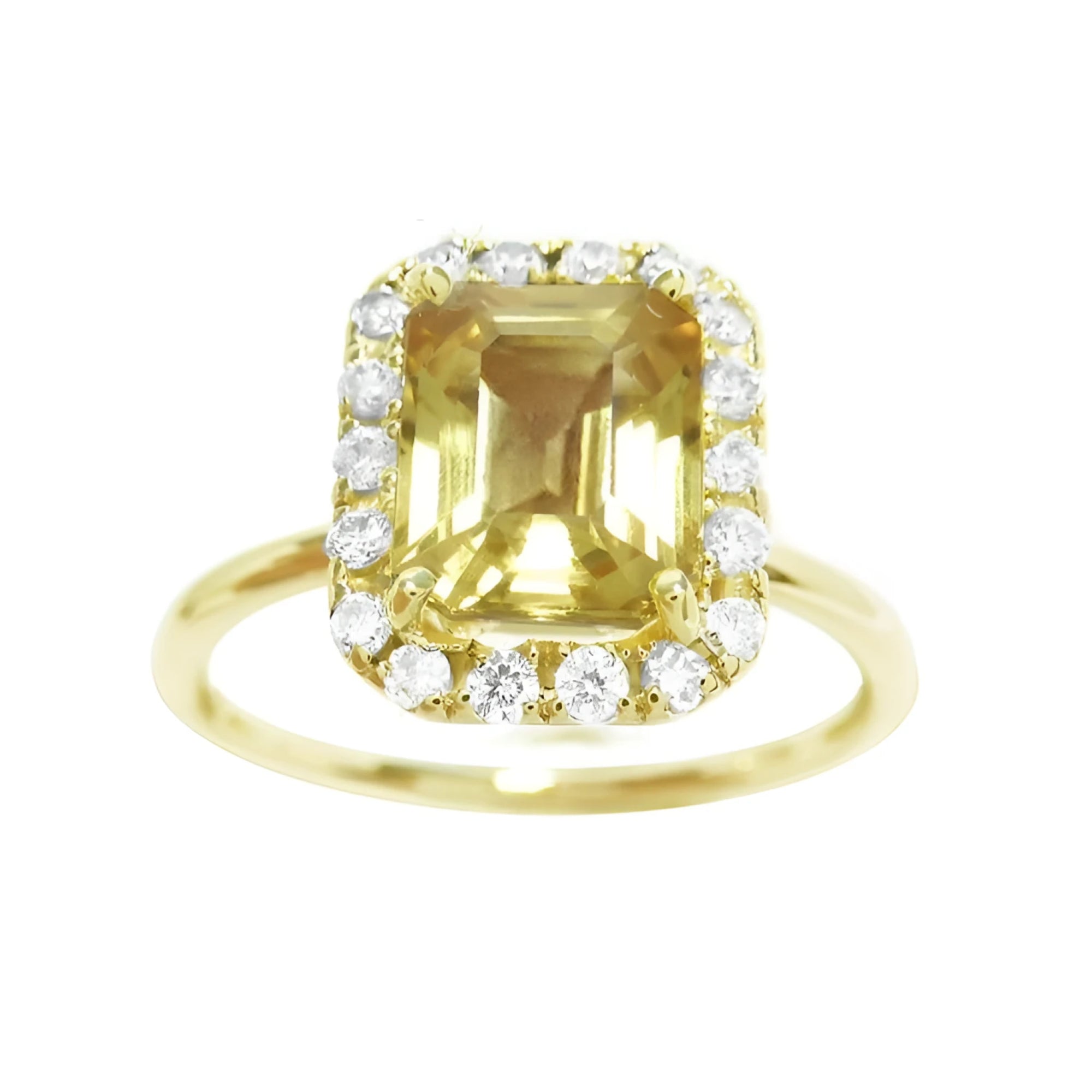 A natural yellow sapphire ring for women, featuring a vibrant canary yellow hue, set in a halo of diamonds on 14k gold.  